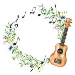 Wreath with watercolor wildflowers, ukulele, notes. Hand drawn illustration is isolated on white. Round frame is perfect for natural design, greeting card, wedding invitation, floral logo, label