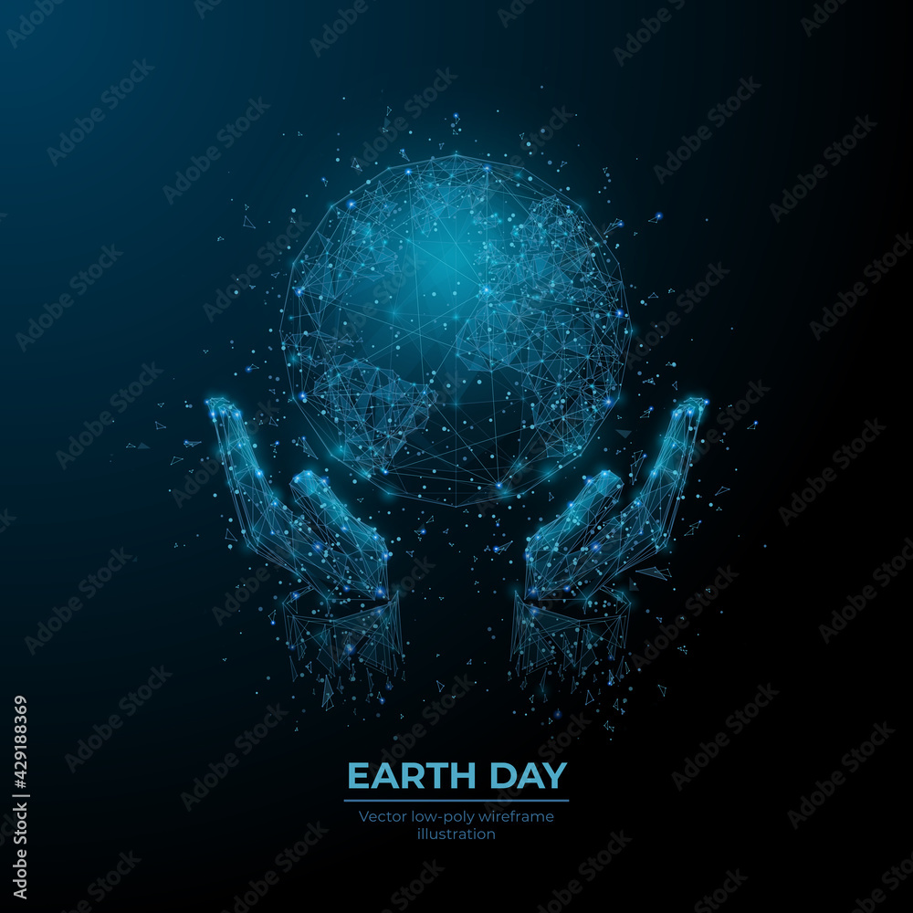 Poster digital 3d hands holding earth in dark blue background. abstract vector world globe wireframe. earth