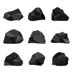 Coal black minerals vector cartoon set isolated on a white background.