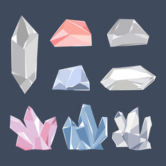 Quartz, crystal, brilliant and diamond vector cartoon set isolated on background.