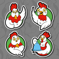 Cute chicken logo, badge and label vector cartoon illustration isolated on background.
