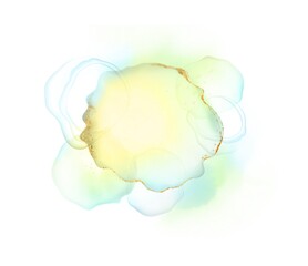 Alcohol ink stain in pastel green, blue and yellow colors. Abstract Ethereal Paint