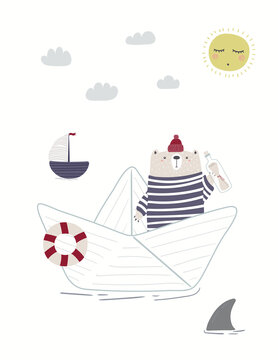 Cute bear sailor on a paper boat, shark fin, sailboat, isolated on white. Hand drawn vector illustration. Scandinavian style flat design. Concept for kids nautical fashion, textile print, poster, card