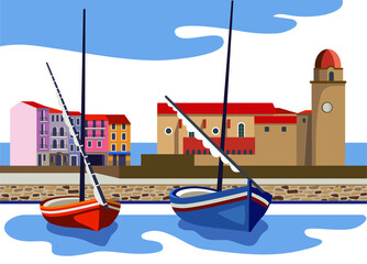 Mediterranean landscape with old town and boats flat style vector illustration