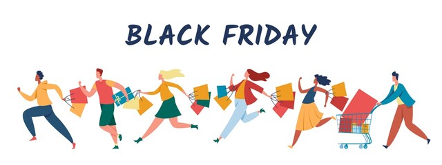 People shopping on black friday sale. Crowd running with carts, paper bags. Men and women purchasing on sale. Store, mall discount season vector illustration. Characters buying goods
