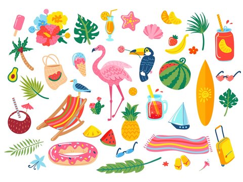 Summer elements. Cocktail drinks, soda, tropical leaves, flowers, pineapple, watermelon, flamingo, toucan. Hand drawn beach vacation doodle vector set. Collection of scrapbooking elements
