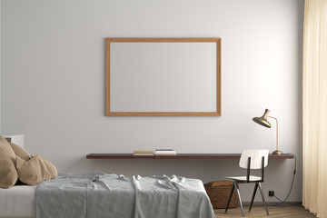Horizontal blank poster frame mock up on the white wall in interior of modern bedroom.