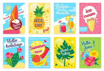 Summer poster. Beach party flyer with sea, surfboard, cocktails, pineapple, fruits, ice cream, tropical leaves. Hello holidays or vacation banner vector set. Relax on beach, nice day