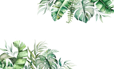 Watercolor tropical leaves border illustration