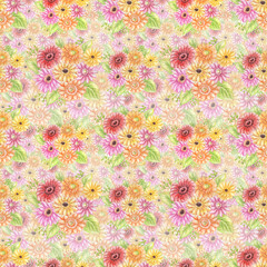 Fototapeta premium Watercolor seamless pattern with bouquet of gerberas. Good for wrapping paper, textile, wallpaper, design.