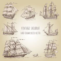 Set of vintage sailboats. Clipper, caravel, brigantine. Vector Hand drawn sketch.
