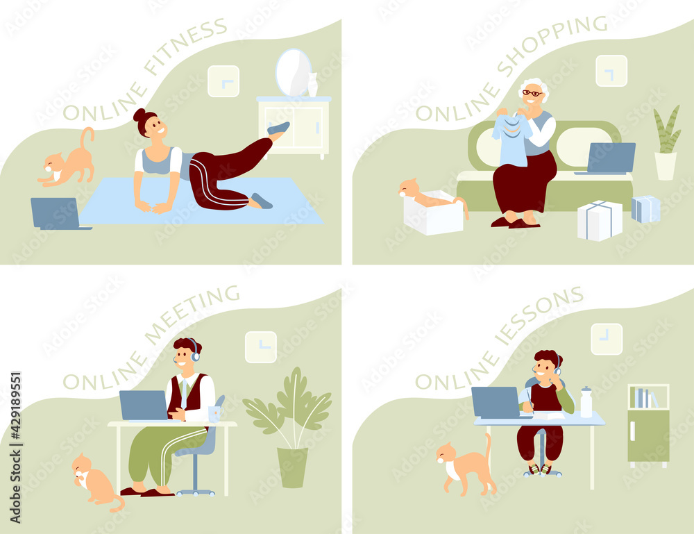 Wall mural the family is at home and does various things online. set of vector illustration on the following to