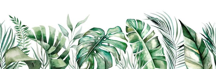 Watercolor tropical leaves seamles border © katrinshine