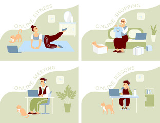The family is at home and does various things online. Set of vector illustration on the following topics: online fitness, online meeting, online lessons, online shopping.