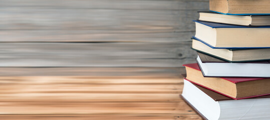 A pile of books on wooden table