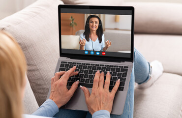 Virtual Call. Unrecognizable Woman Using Laptop For Web Conference With Friend