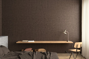 Blank brown  concrete wall of industrial bedroom mock up.