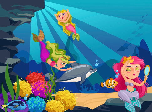 Mermaid underwater. Cartoon ocean deep world with fishes, seaweeds and cute mermaids and dolphin. Undersea bottom vector background. Fairy tale magical characters looking into mirror, having fun
