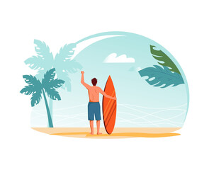 Man surfer standing on sand and holding surfboard vector flat illustration. Happy guy in swimwear looking on wave at sea or ocean from beach. Summer vacation, holiday trip. Male spending time alone