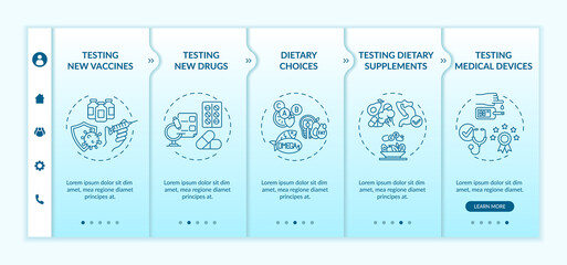 Clinical investigation types onboarding vector template. Responsive mobile website with icons. Web page walkthrough 5 step screens. Med devices, drugs testing color concept with linear illustrations