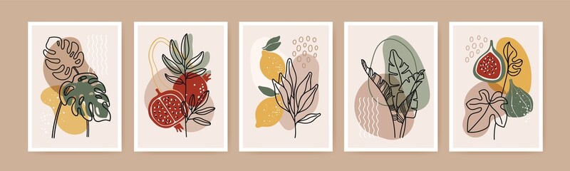 Minimal boho poster. Modern botanical wall art decor with nature elements, tropical leaves, fruits, abstract organic shapes. Contemporary botanic print vector set. Creative artwork with fig, lemon