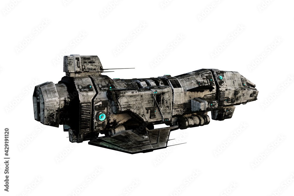 Poster 3D rendering of a dirty old sci-fi space ship isolated on white with rear side view.