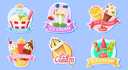 Ice cream label. Logo, badge for ice cream shop with fruit ice, popsicles. Vanilla and chocolate sundae cafe menu labels. Cartoon cold dessert sign vector set. Dairy product with topping sticker