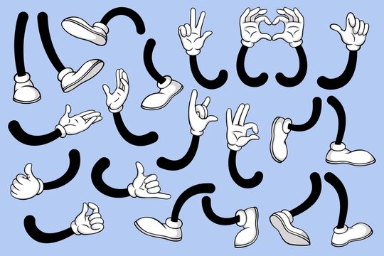 Cartoon Legs And Hands. Leg In White Boots And Gloved Hand, Comic Feet In Shoes And Arm With Various Gestures. Vector Mascot Elements. Waving And Showing Heart With Hands, Walking Foot