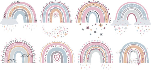 Scandinavian rainbow. Cartoon rainbows with clouds, flowers and stars in pastel colors for kids textile, wallpaper isolated vector set. Isolated elements for childish or nursery design