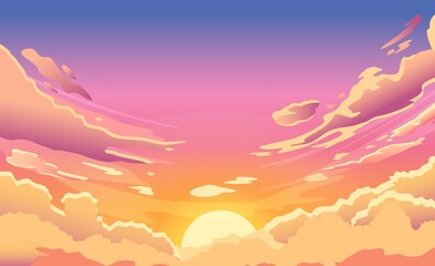 Fototapeta na wymiar Sunset sky. Cartoon summer sunrise with pink clouds and sunshine, evening cloudy heaven panorama. Morning vector landscape. Beautiful cloudscape with fluffy cumulus, colorful twilight