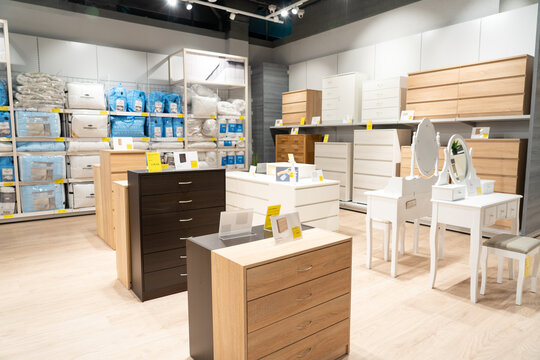 Grodno, Belarus - April 07, 2021: Interior of JYSK store in mall Triniti. Department for the sale of cabinet furniture
