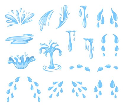 Cartoon splashes and drops. Tears, sweat or water spray and flow, falling blue water droplets. Raindrops, puddle isolated vector set. Stress and depression drops, flowing pure water