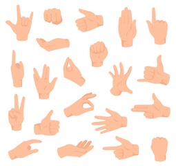 Flat hands. Man hand with various gestures and fist. Open palm victory and thumbs up, pointing finger sign. Holding and giving arm vector set. Body language signals for communication