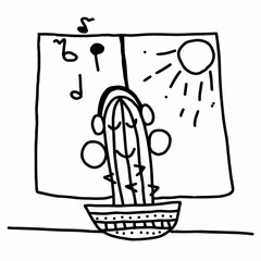 Listening music cute cactus character cartoon, vector illustration
