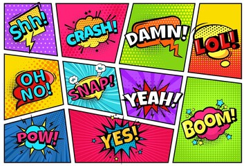 Comic book page. Hero layout with frame and speech bubbles with comic words. Crach, pow, yes and snap vector pop art cartoon template. Emotion expression lol, oh no sounds for magazine