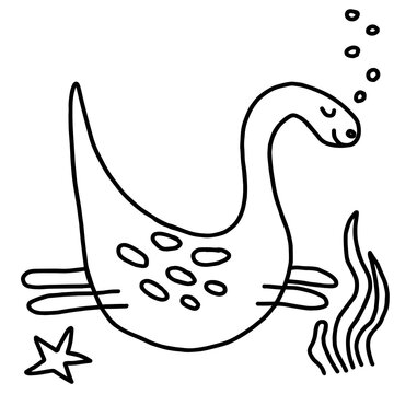 Cute cartoon swimming dinosaur. White and black vector illustration for coloring book. Decor element for kids products. Vector.