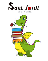 Sant Jordi traditional festival of Catalonia Spain. Dragon with a rose and a batch of books. Isolated vector