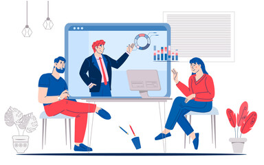 Online video training or conference scene with people  cartoon characters,  vector illustration. Online business training and distance education. E-learning and  web conference. 