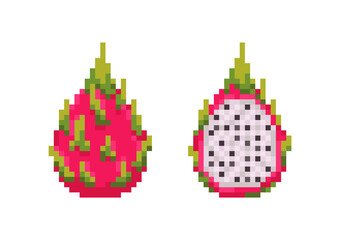 Pixel dragon fruit. Pixel art dragon fruit and half dragon fruit icons set. 8 bit retro exotic fruit design vector. Pixel pitahaya.