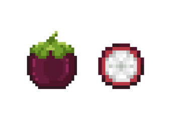 Pixel mangosteen. Pixel art mangosteen and half mangosteen icons set. 8 bit retro fruit design vector.