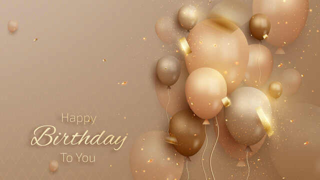 Happy Birthday Card With Luxury Balloons And Ribbon. 3d Realistic Style. Vector Illustration For Design.