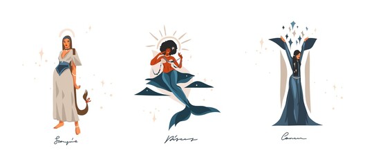 Hand drawn vector stock abstract graphic illustrations with zodiac astrological contemporary water signs collection set,beauty magic female characters,clipart boho design isolated on white background