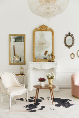 Stylish modern interior of the bright living room with a fireplace and vintage mirrors