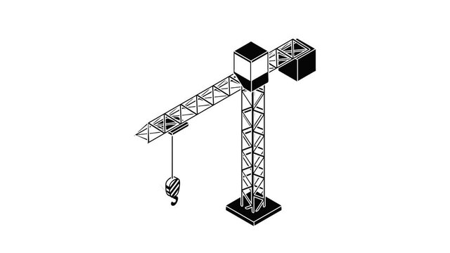 Tower crane icon animation isometric black object on white background