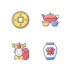Asia RGB color icons set. Ancient Chinese coin. Tea set for ceremony. Cantonese opera. Traditional porcelain and ceramics. History of China. Lunar New Year tradtions. Isolated vector illustrations