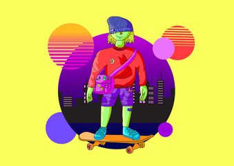 Skateboard Boy In The Night Art Retro Style