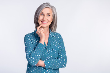 Photo of happy smiling dreamy businesswoman looking copyspace thinking isolated on grey color background