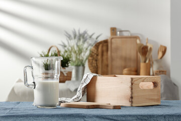 Fresh milk on the kitchen table in a beautiful morning and spring sunshine 