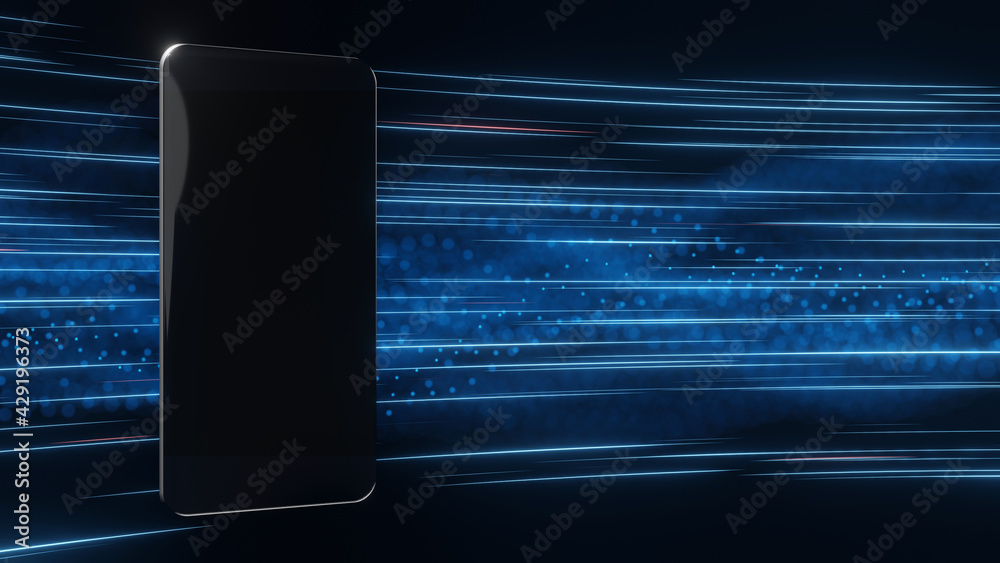 Poster 3d rendering of blank screen mobile phone on fast moving abstract data. concept for digital transfor