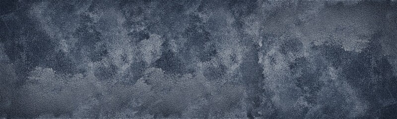 Dark blue shabby textured wall wide texture. Black gloomy abstract grunge panoramic background